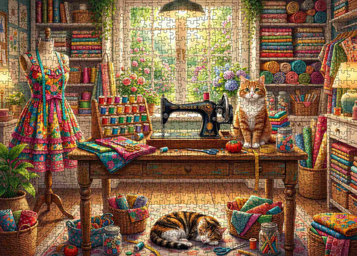 Cozy Sewing Studio Cats Jigsaw Puzzle