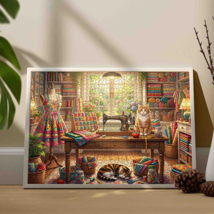 Cozy Sewing Studio Cats Jigsaw Puzzle