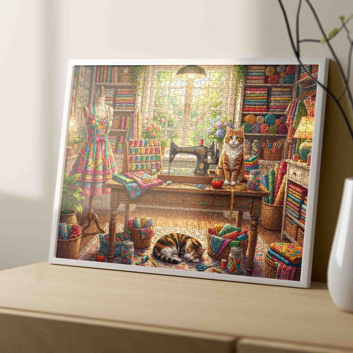 Cozy Sewing Studio Cats Jigsaw Puzzle