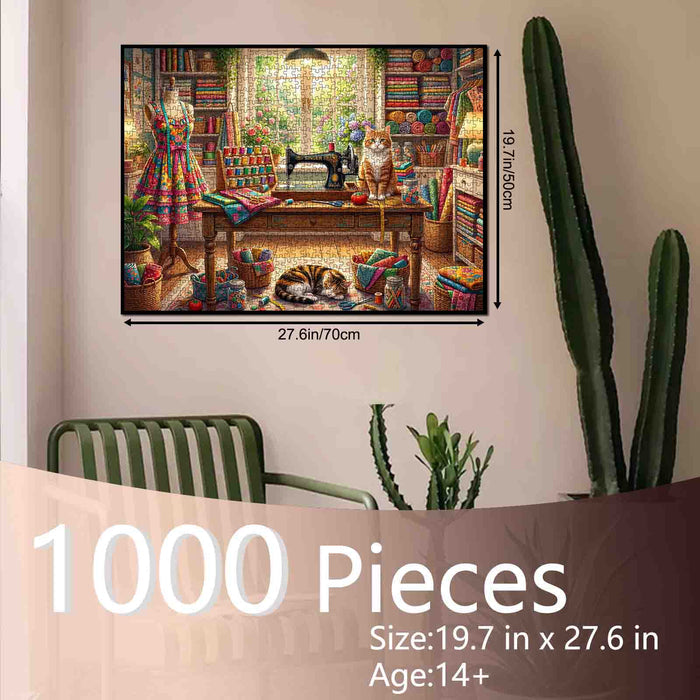 Cozy Sewing Studio Cats Jigsaw Puzzle