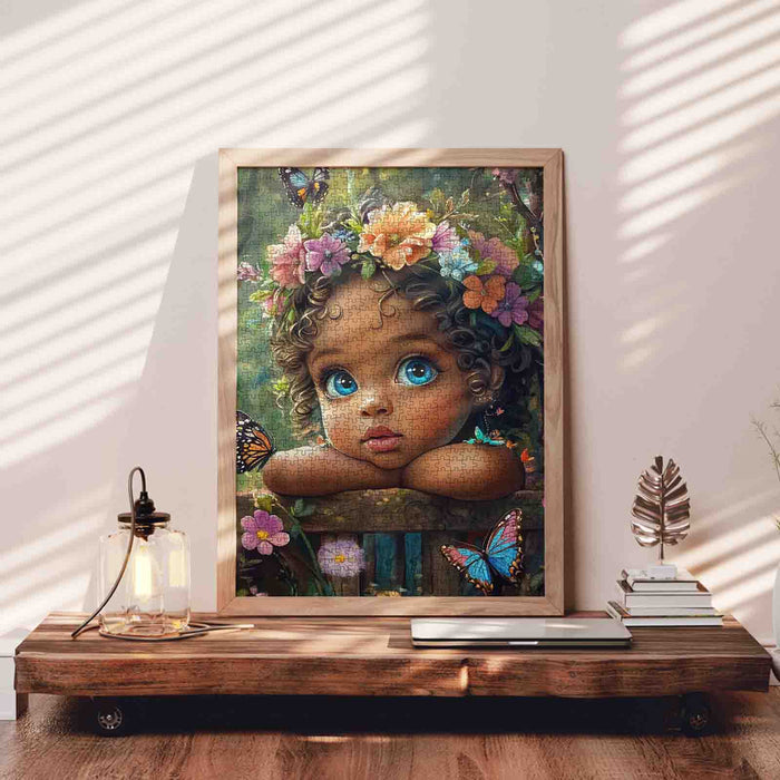 Curly Hair Girl Butterfly Garden Portrait Jigsaw Puzzle