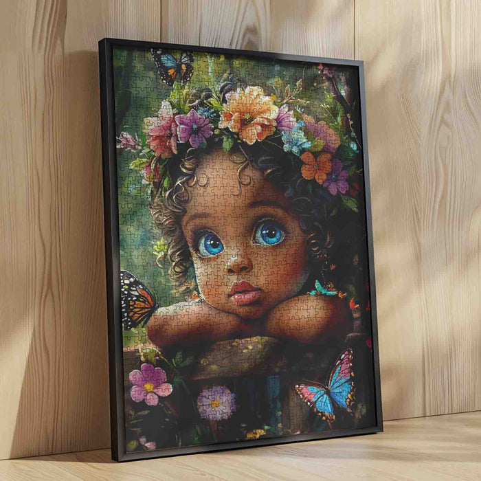 Curly Hair Girl Butterfly Garden Portrait Jigsaw Puzzle