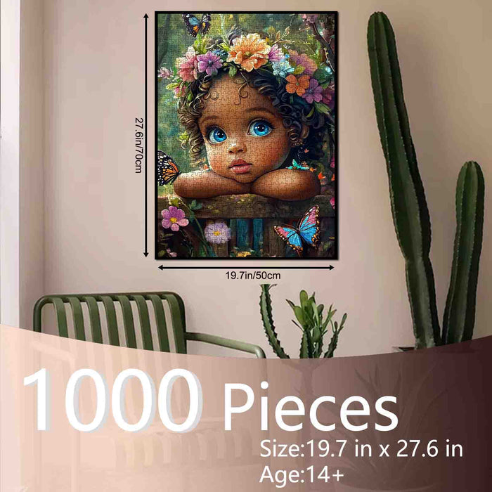 Curly Hair Girl Butterfly Garden Portrait Jigsaw Puzzle
