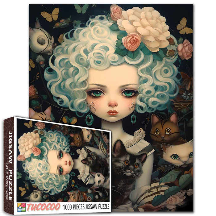 Curly-Haired Girl with Cats Jigsaw Puzzle