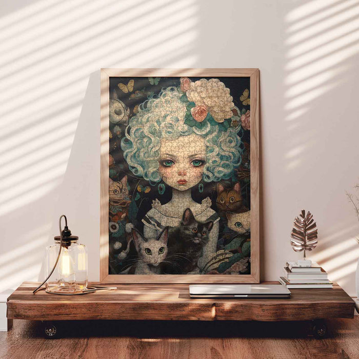 Curly-Haired Girl with Cats Jigsaw Puzzle