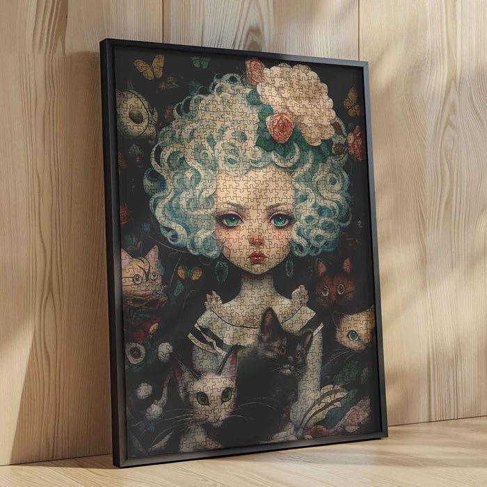Curly-Haired Girl with Cats Jigsaw Puzzle
