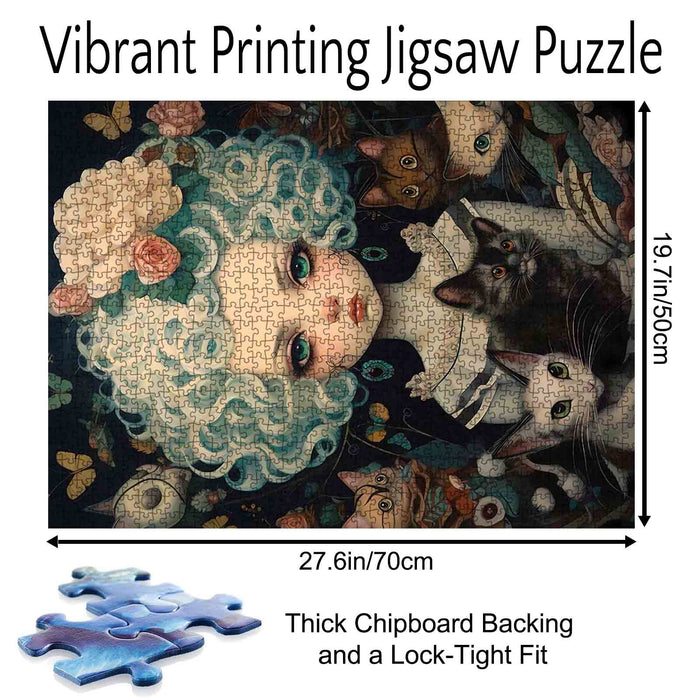 Curly-Haired Girl with Cats Jigsaw Puzzle