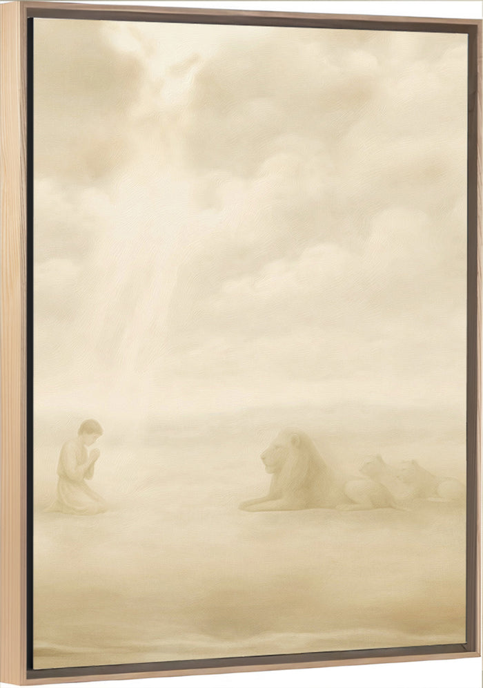 Daniel and the Lions Den Vertical Canvas with Light Wood Frame