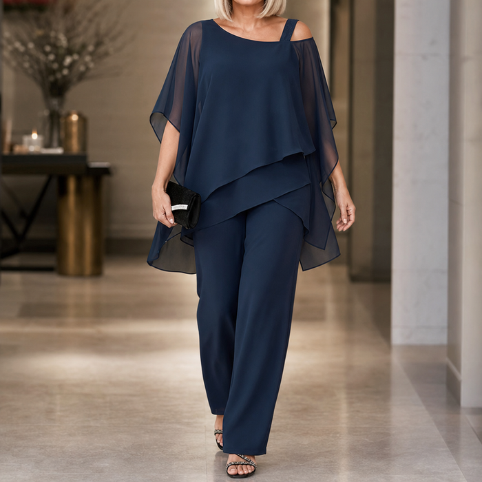 Elowen – Asymmetrical Chiffon Overlay Wide-Leg Pants Set