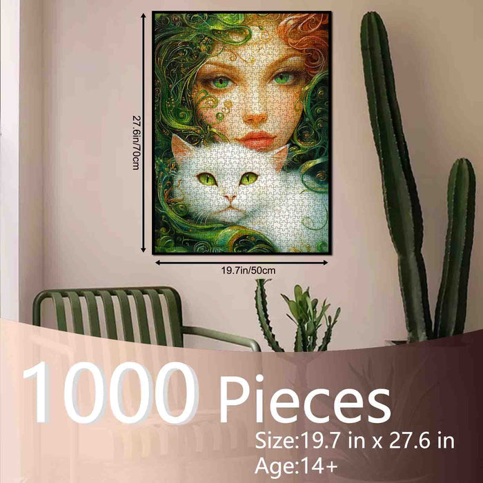 Emerald Muse with White Cat Jigsaw Puzzle