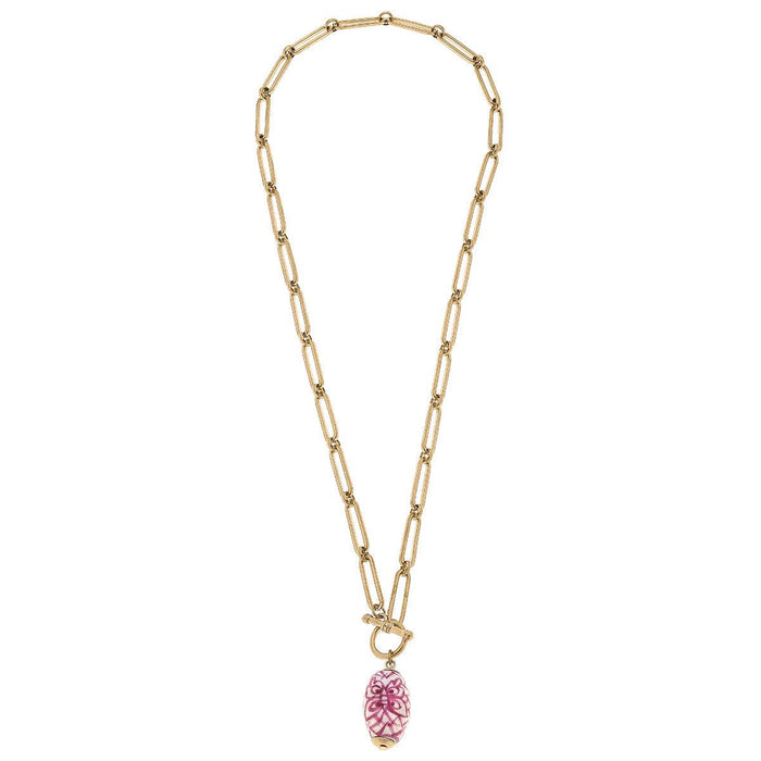 Evelyn Chinoiserie T-Bar Necklace in Pink & White