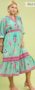 Floral Collage Print Y-Neck Midi Dress