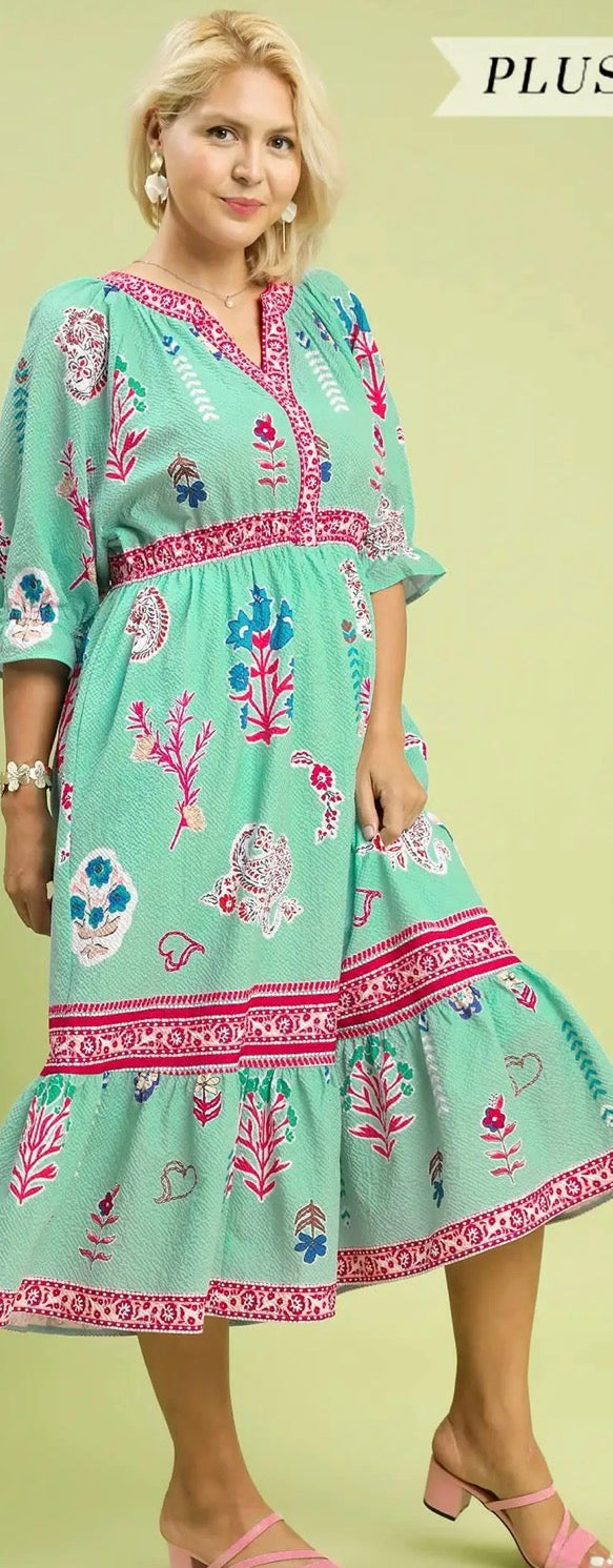 Floral Collage Print Y-Neck Midi Dress