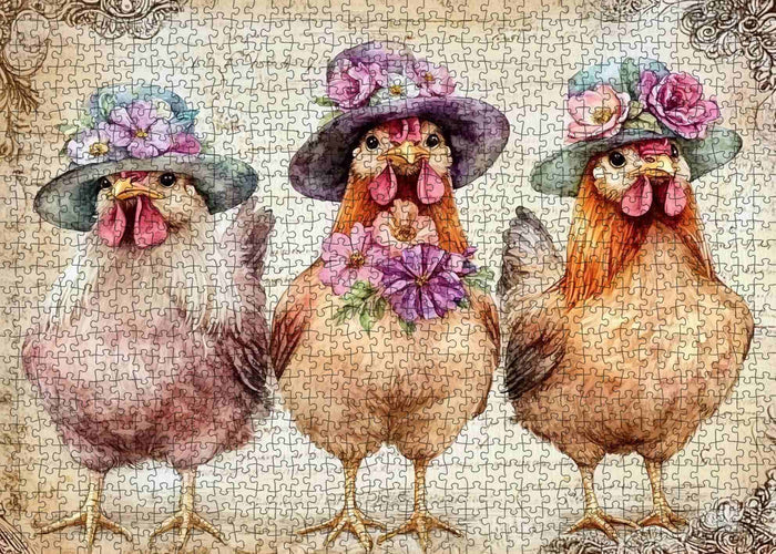 Floral Hat Farm Chickens Jigsaw Puzzle