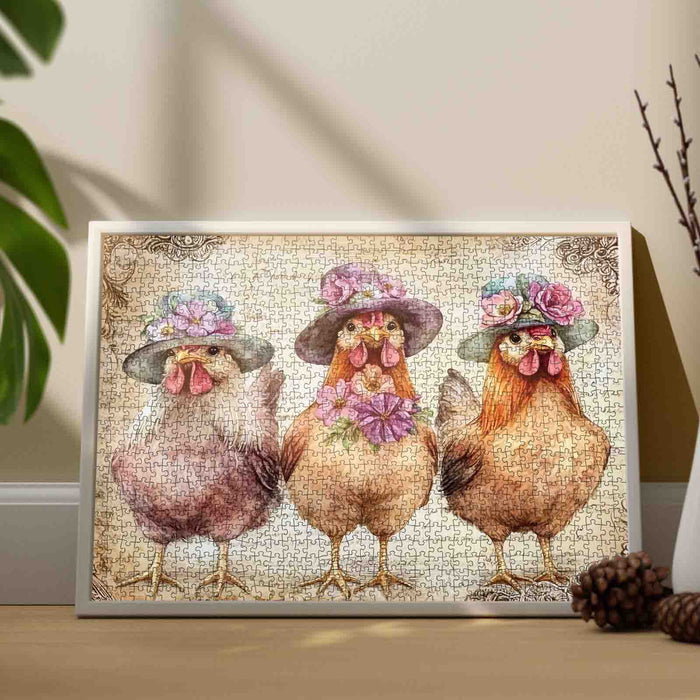 Floral Hat Farm Chickens Jigsaw Puzzle