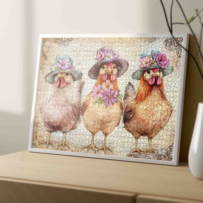 Floral Hat Farm Chickens Jigsaw Puzzle