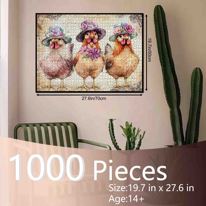 Floral Hat Farm Chickens Jigsaw Puzzle