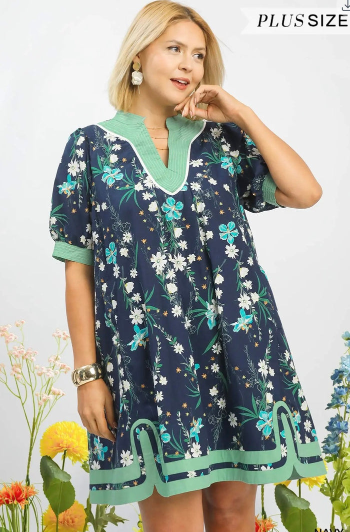 Floral Puff Sleeve Dress with Contrast Trim