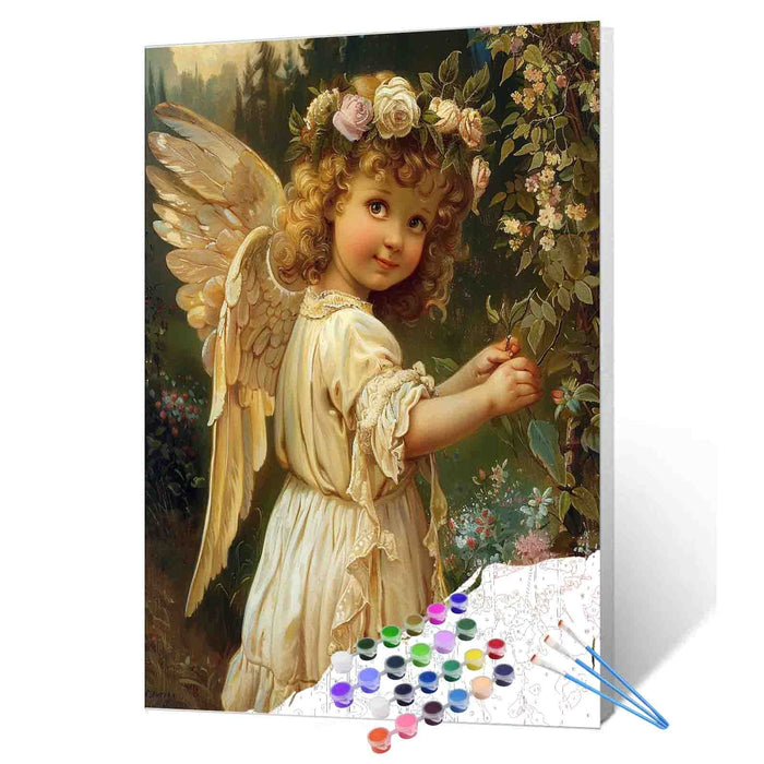 Garden Angel with Golden Wings Paint by Numbers