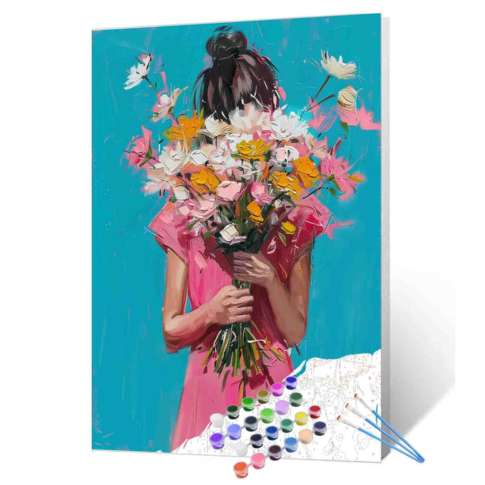 Girl in Pink Holding Flowers Paint by Numbers