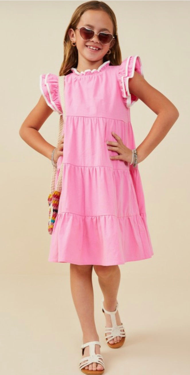 Girls contrast piped ruffle detail dress