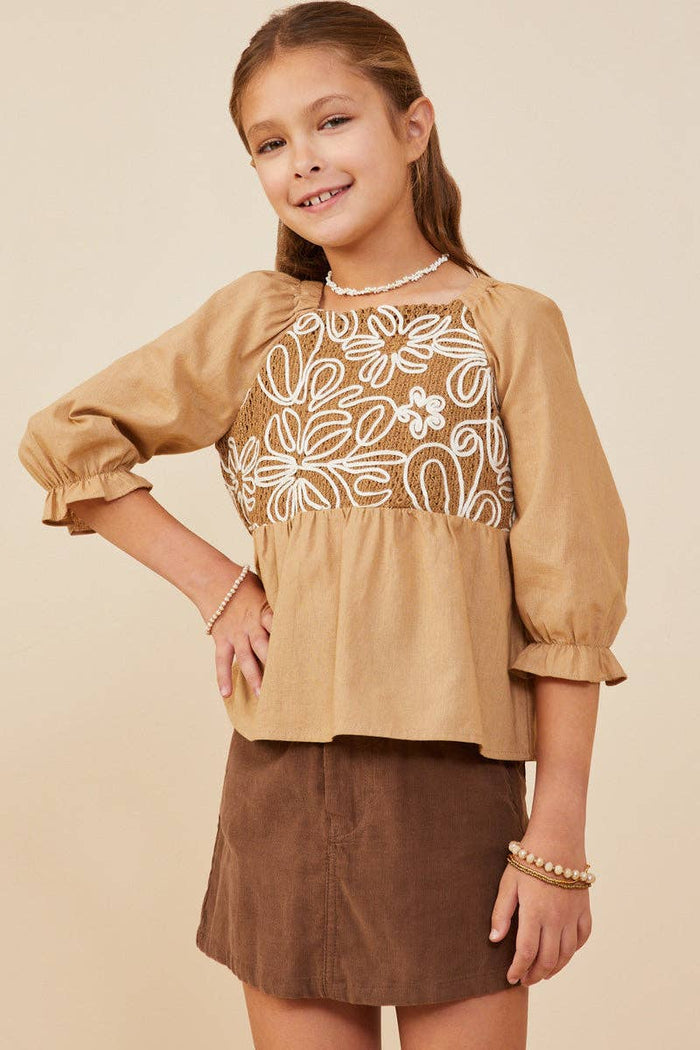 Girls Floral Embroidered Mix Media Peplum Top