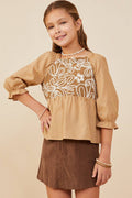 Girls Floral Embroidered Mix Media Peplum Top