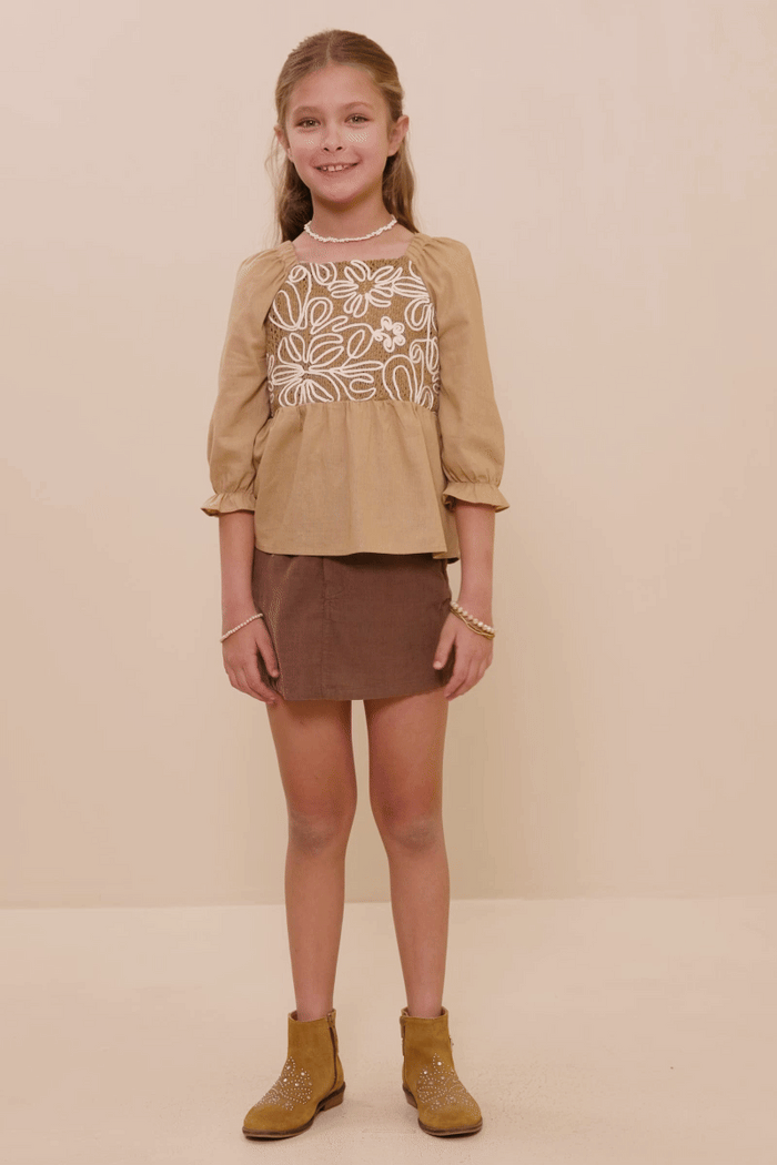 Girls Floral Embroidered Mix Media Peplum Top