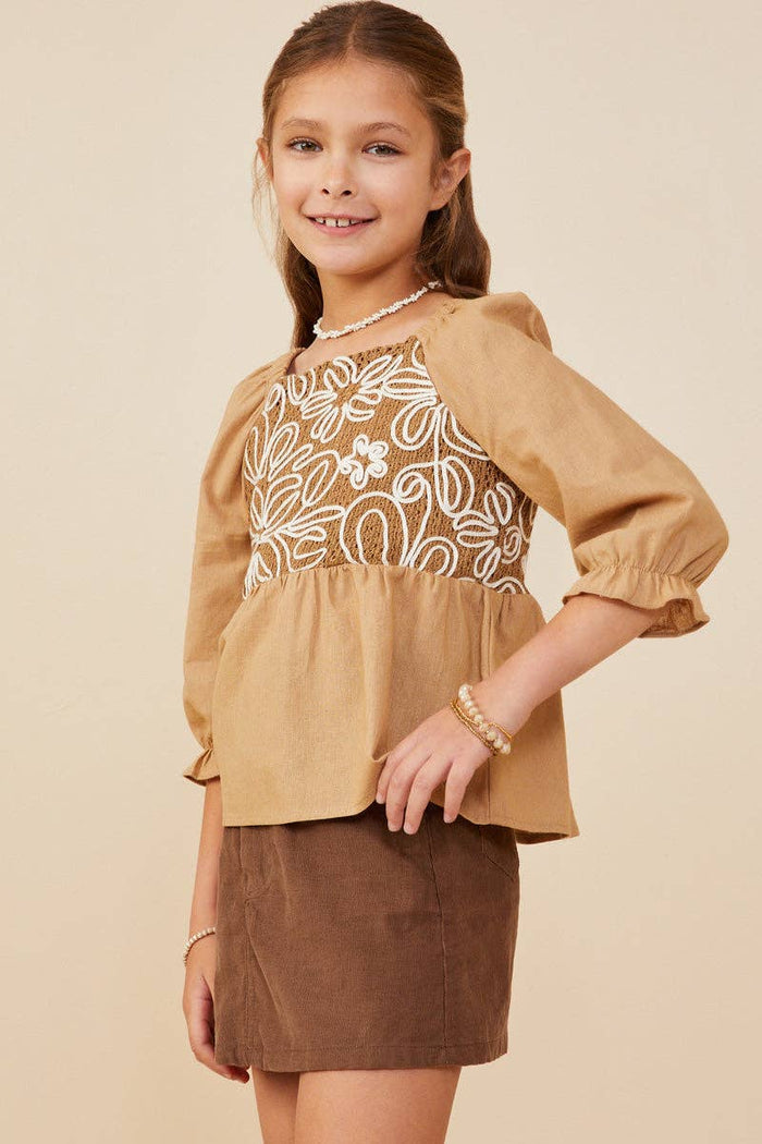 Girls Floral Embroidered Mix Media Peplum Top
