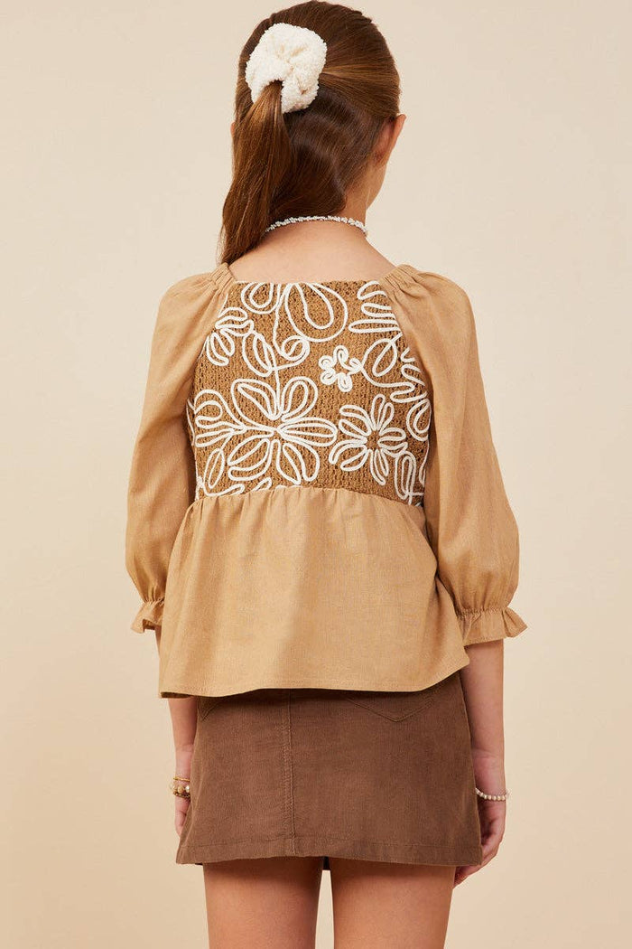 Girls Floral Embroidered Mix Media Peplum Top