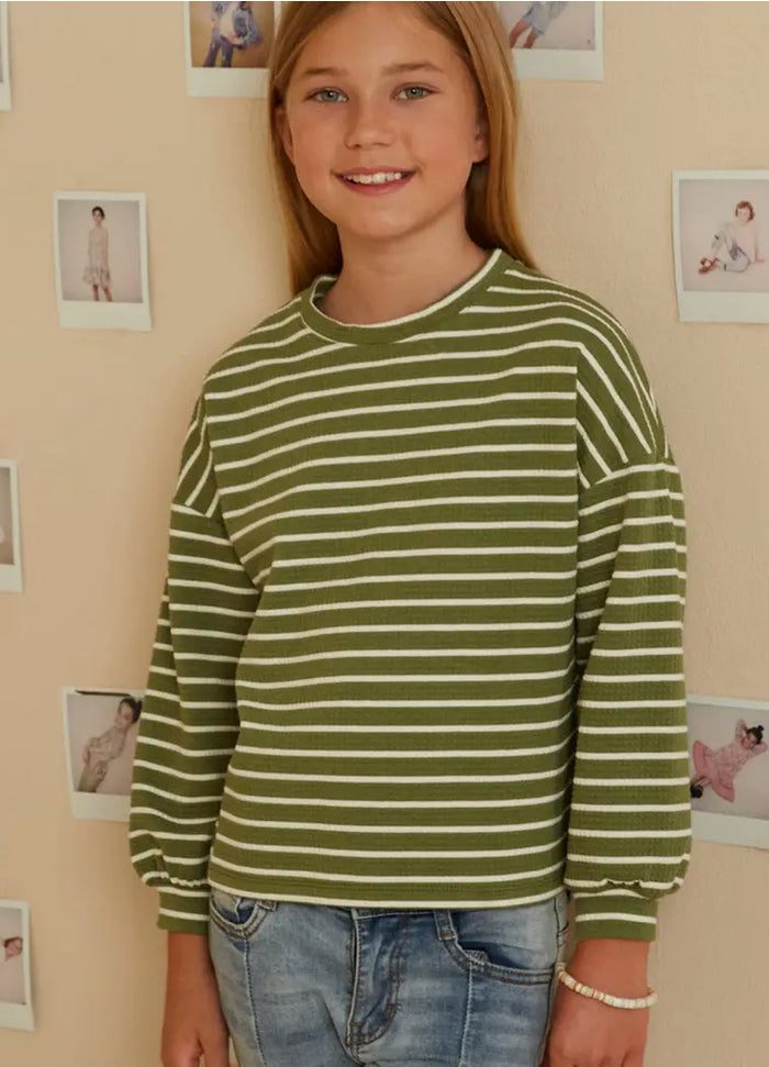 Girls Waffle Textured Striped Drop Shoulder T Shirt