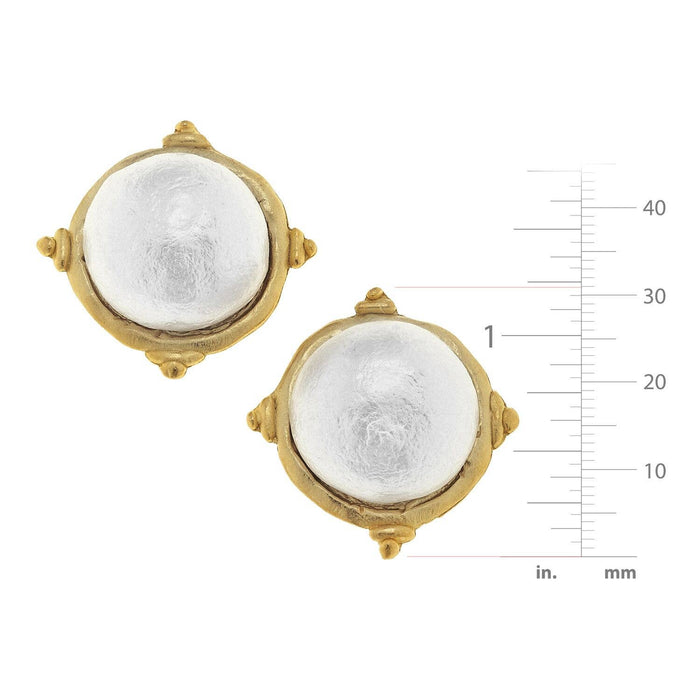 Gold and White Pearl Cabochon Earrings