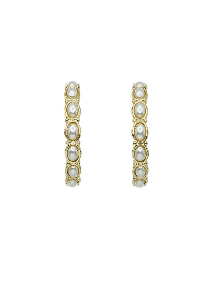 Gold Hammered and Pearl Circle 2" Hoop Earring