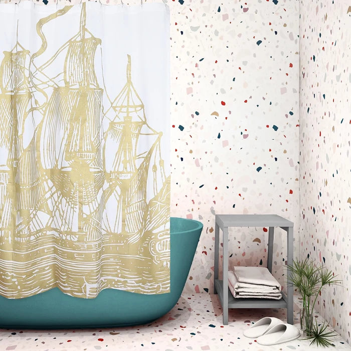 Gold Nautical Ship Shower Curtain - Nautical Home Decor - Coastal Compass Home Decor