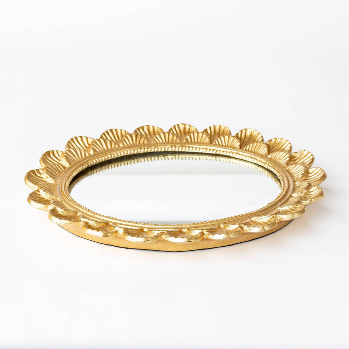 Gold Scalloped Oval Mirrored Vanity Tray