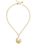 Gold tobacco leaf plate on medium paperclip necklace