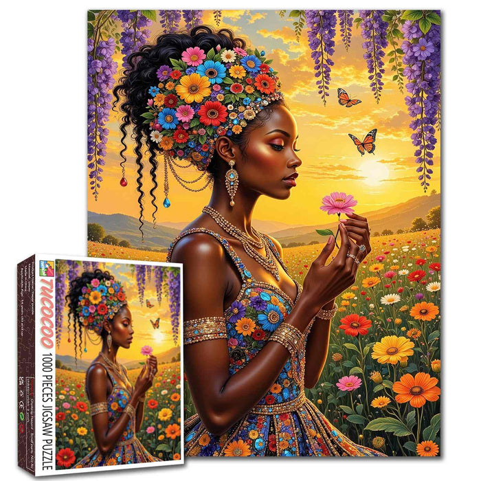 Golden Floral Serenity Portrait Jigsaw Puzzle