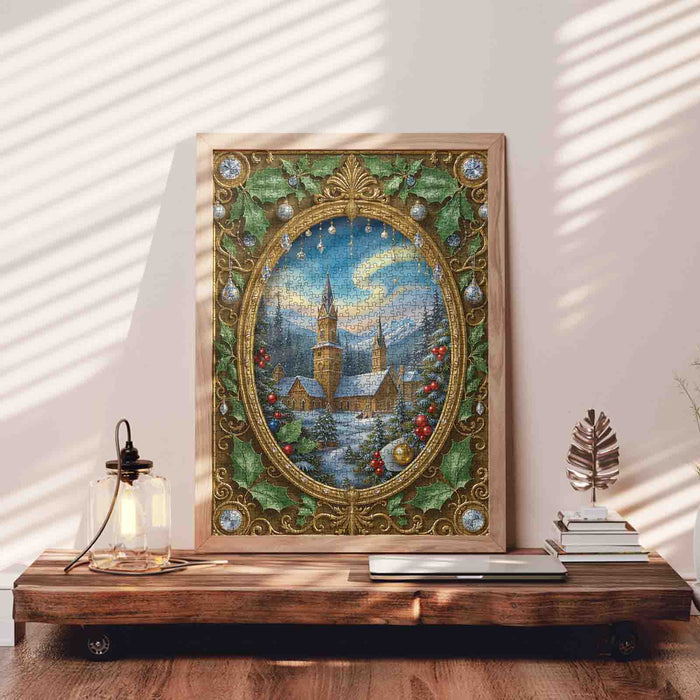 Golden Framed Winter Cathedral Scene Jigsaw Puzzle