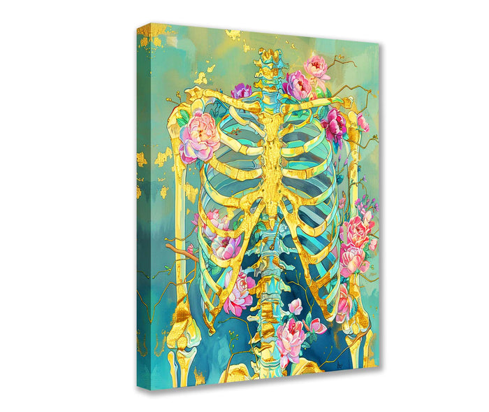 Golden Skeleton with Blooming Flowers Canvas Wall Art - Tucocoo