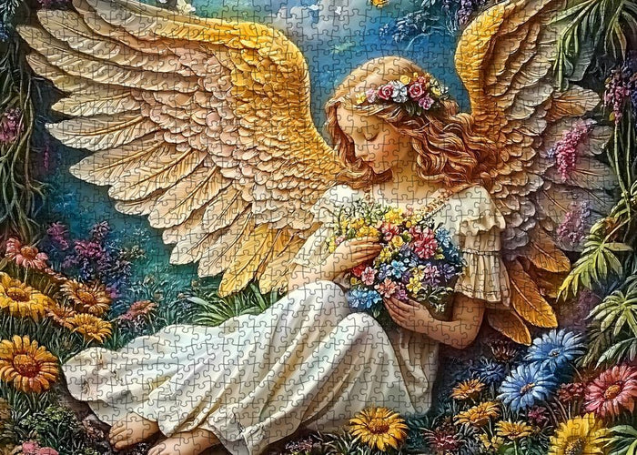 Golden Wing Angel in Flower Meadow Jigsaw Puzzle