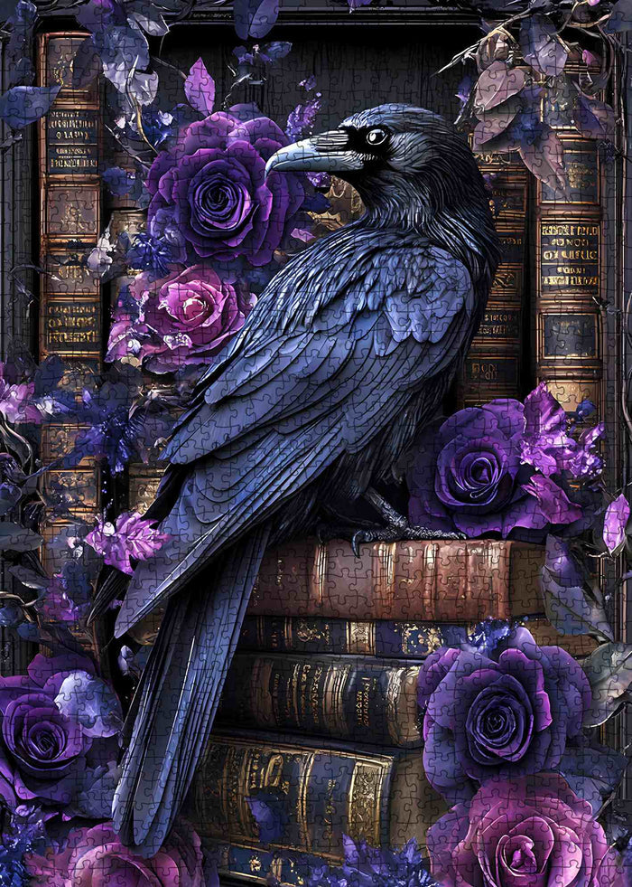 Gothic Raven and Purple Roses Jigsaw Puzzle