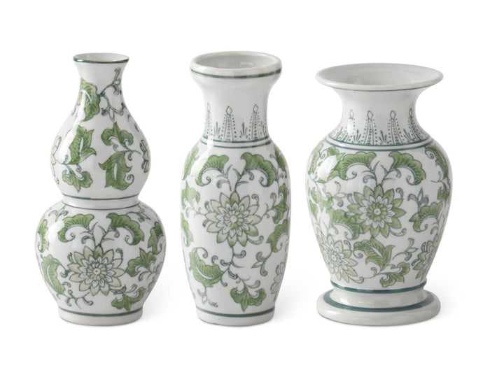 Green & White Ceramic Chinoiserie Bud Vases