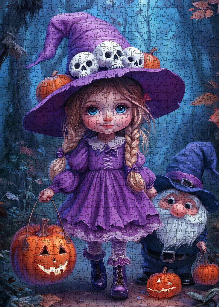 Halloween Cute Purple Girl with Skull Hat Jigsaw Puzzle