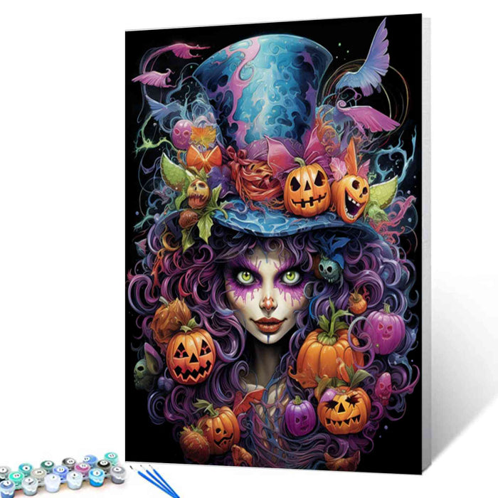 Halloween Witch with Pumpkin Hat Paint by Numbers