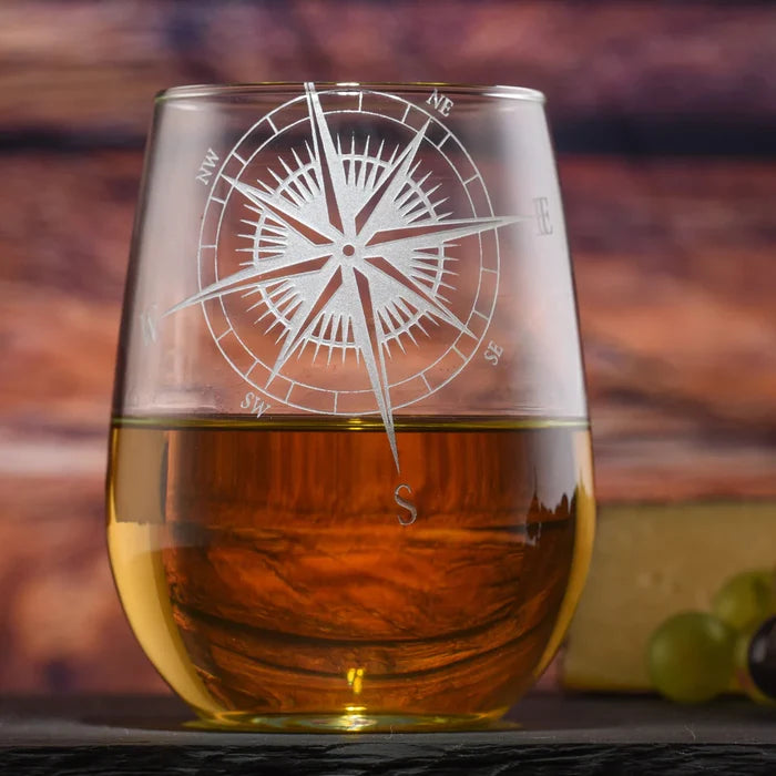 Hand Etched Compass Rose Stemless Wine Glass Set • Coastal Compass Home Decor