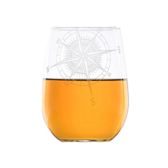 Hand Etched Compass Rose Stemless Wine Glass Set • Coastal Compass Home Decor