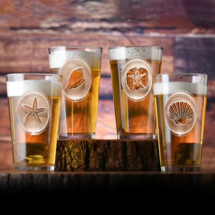 Hand Etched Seashell Pub Glass Set • Coastal Compass Home Decor
