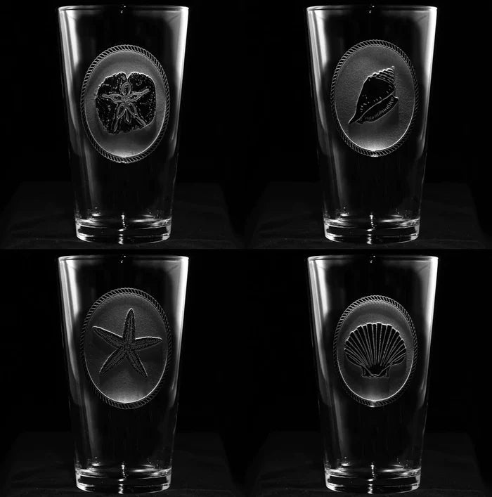 Hand Etched Seashell Pub Glass Set • Coastal Compass Home Decor