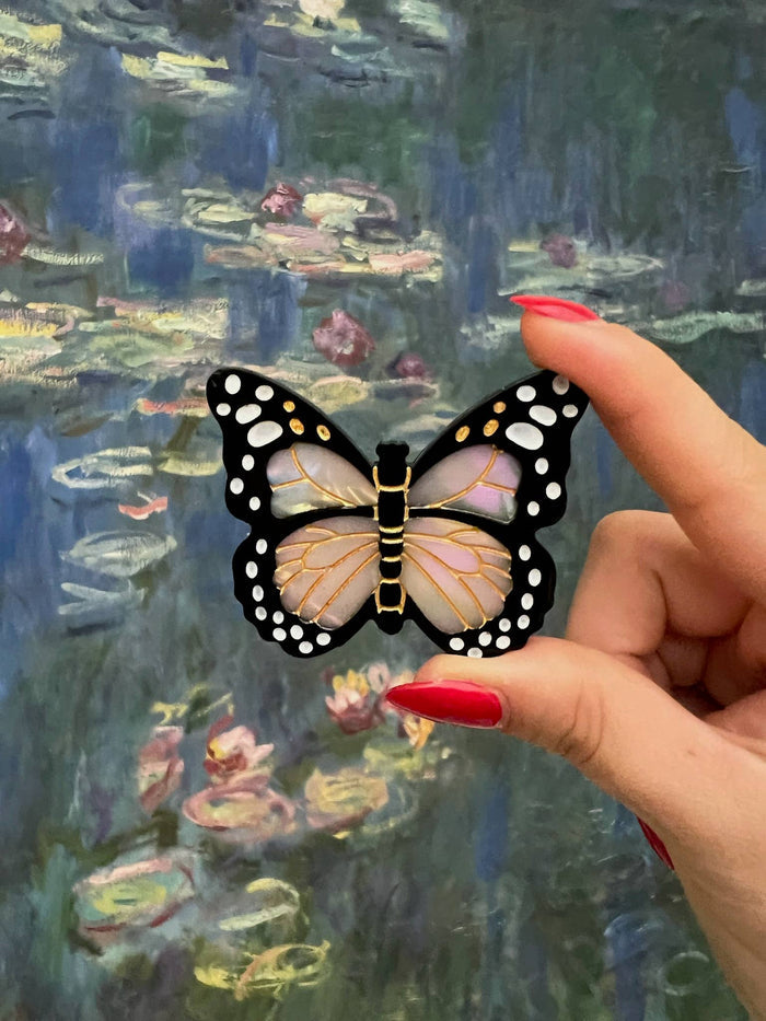 Hand-painted Monarch Butterfly Brooch Pin: White