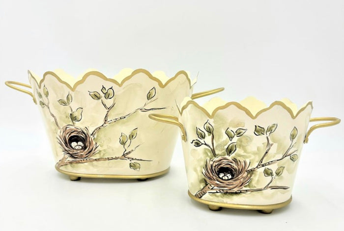Handpainted Scalloped Metal Cachepots, Bird's Nest